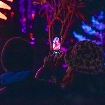 Couple taking a photo of a glowing sculpture
